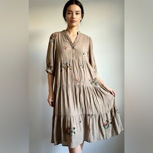 Fig + Flower Floral Embroidered Tan Dress